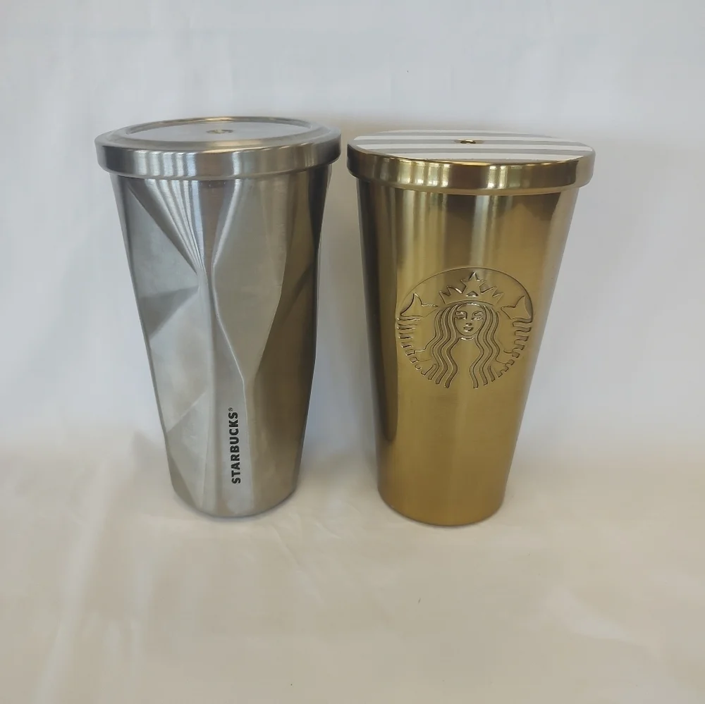 Starbucks set of 2 Grande 16 oz cold brew tumblers chisled prism silver and gold
